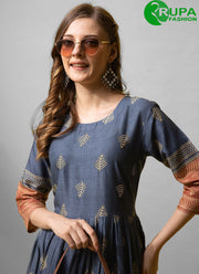 Attractive Desim Blue Color Readymade Rayon Cotton With Designer Printed Long Kurti